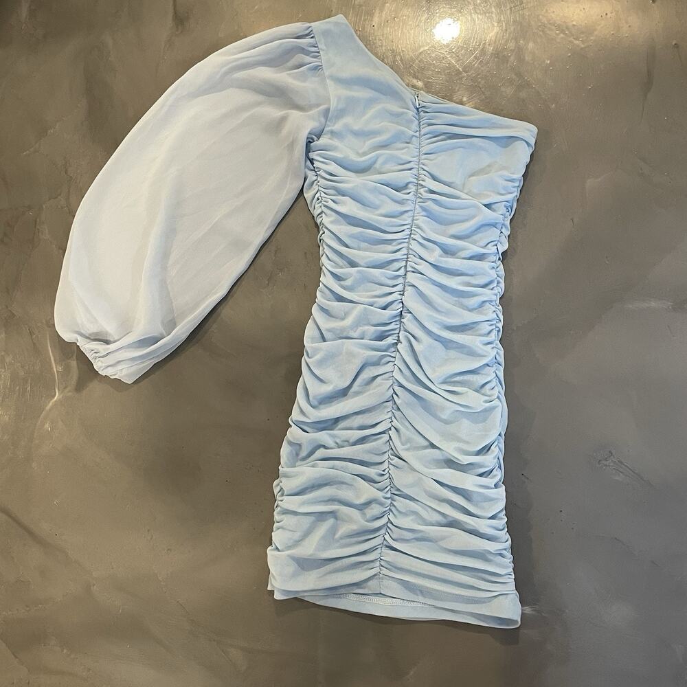 Hello Molly Blue Runched Dress Size 4 One Shoulder Balloon‎ Sleeve Dress Mini - Picture 8 of 8